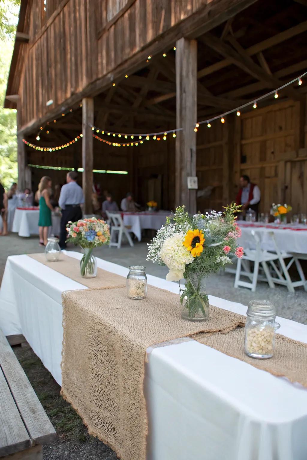 A raw stable setting offers allure and warmth for the baby shower.