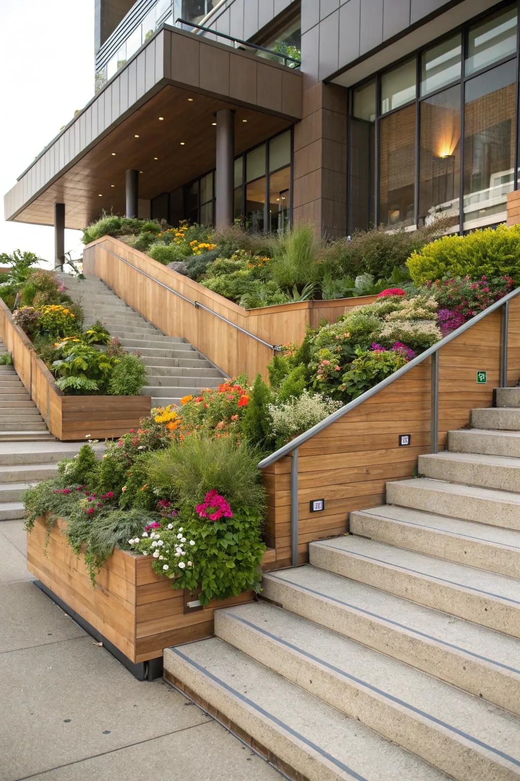 Eco-friendly steps with built-in planters for a natural touch.