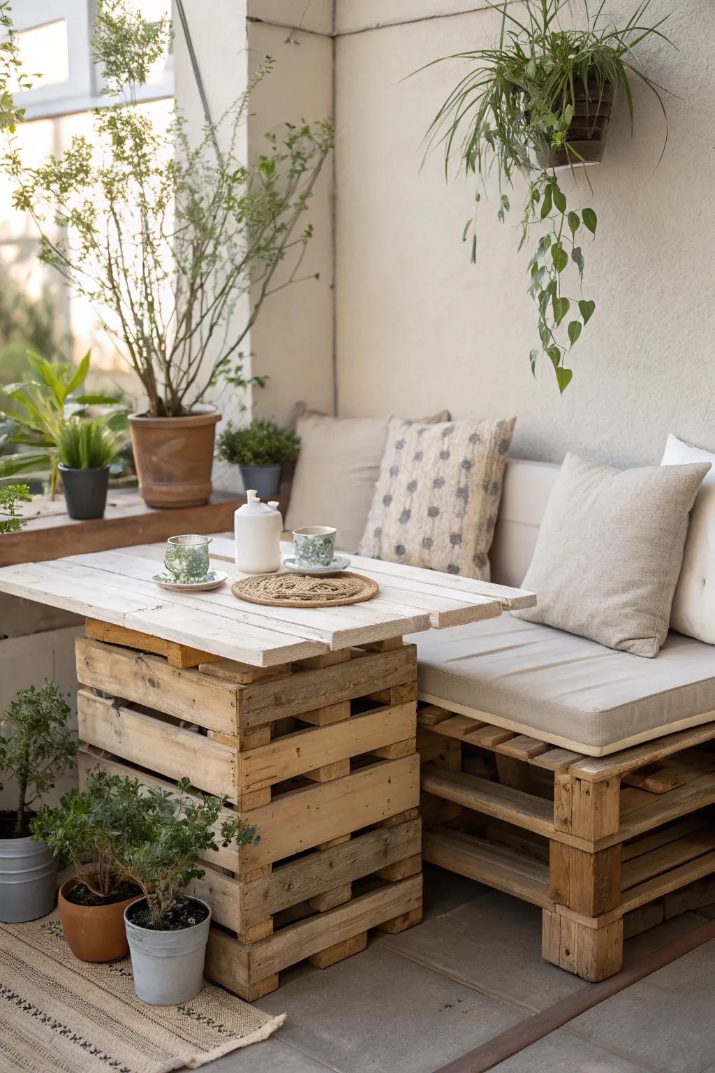 Transform your mornings with a charming pallet breakfast nook—where simplicity meets elegance.