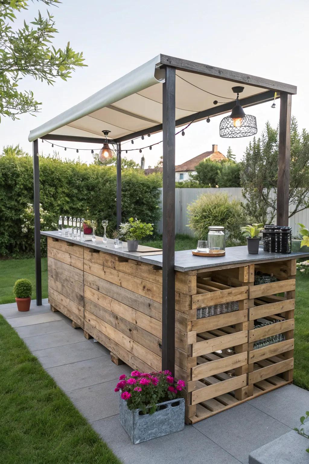Sip in style beneath the shade of a trendy pallet bar canopy.