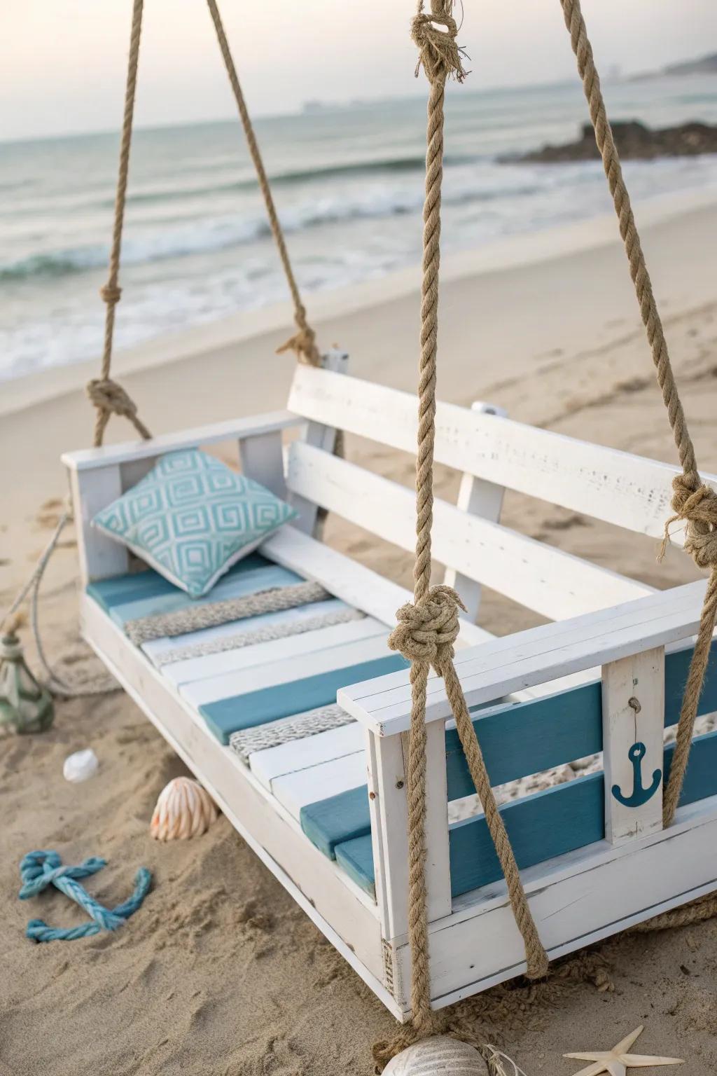 Transform your space into a seaside sanctuary with this stylish pallet swing.