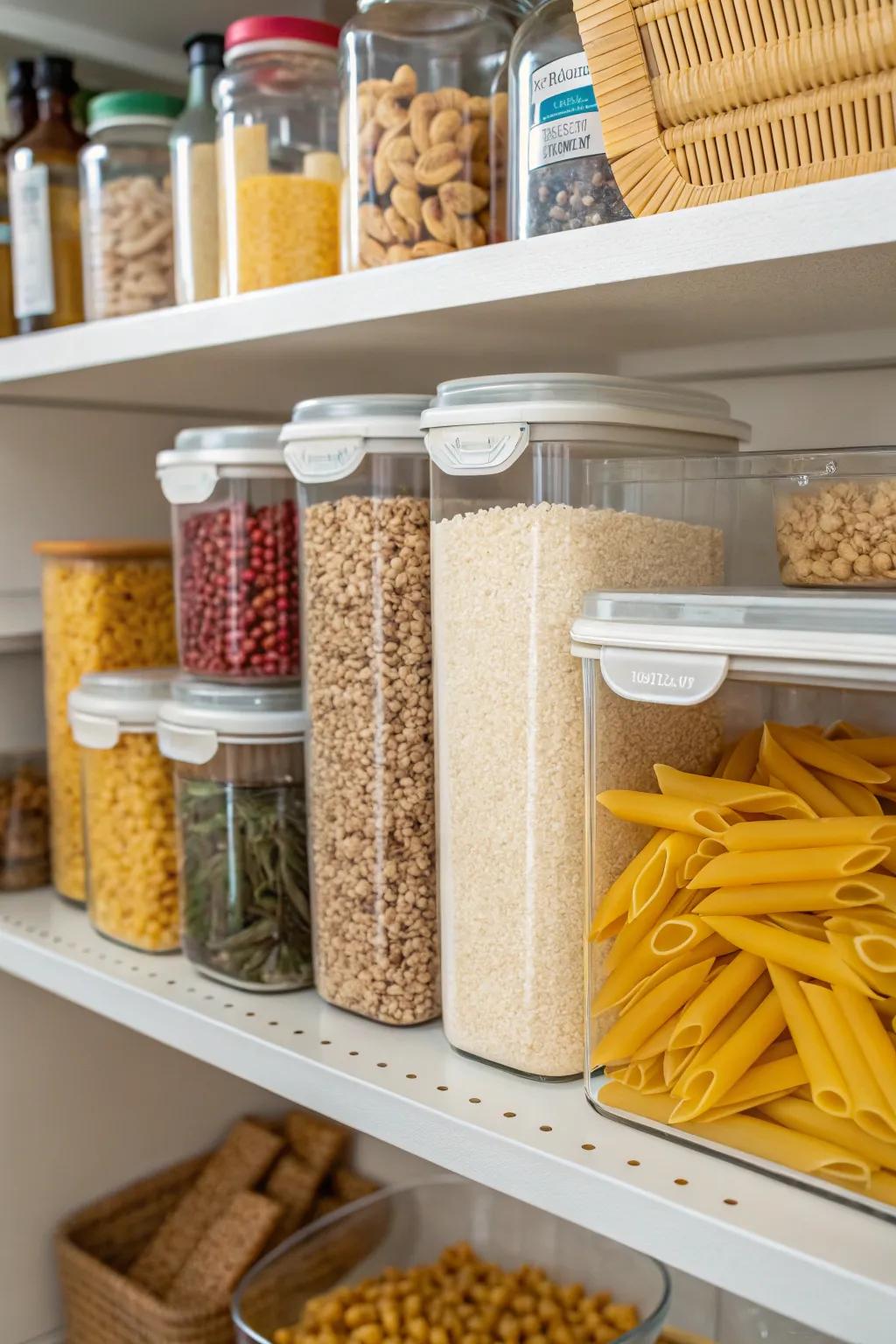 A pantry shelf is arranged with transparent containers for grains and pasta.