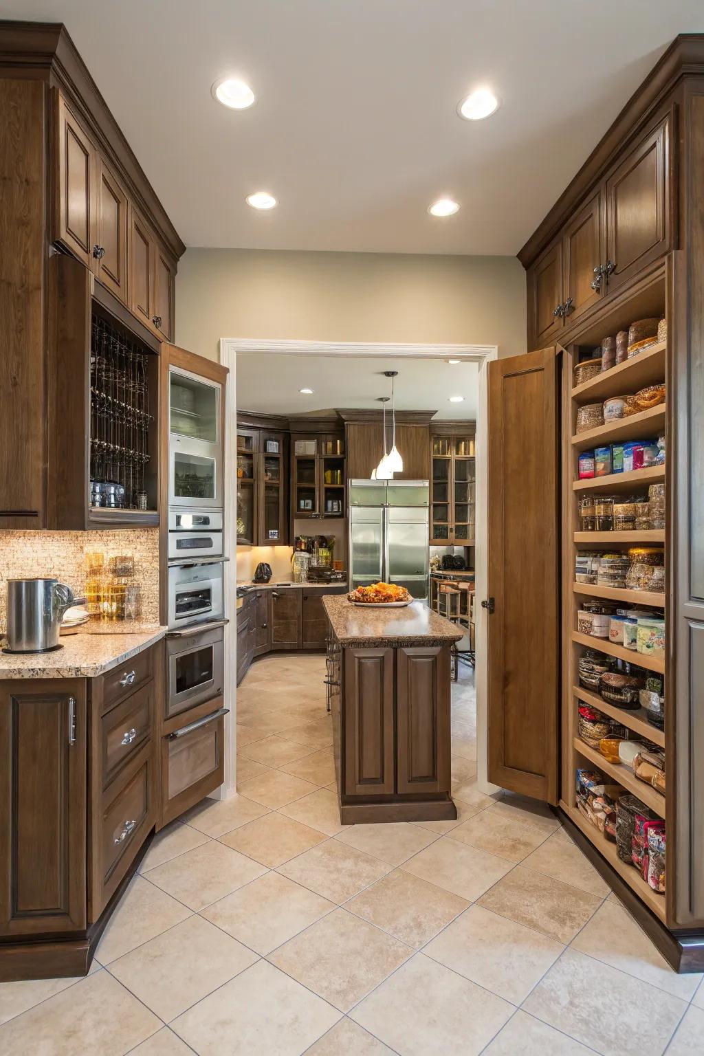 Double doors offer a grand and functional pantry entrance.