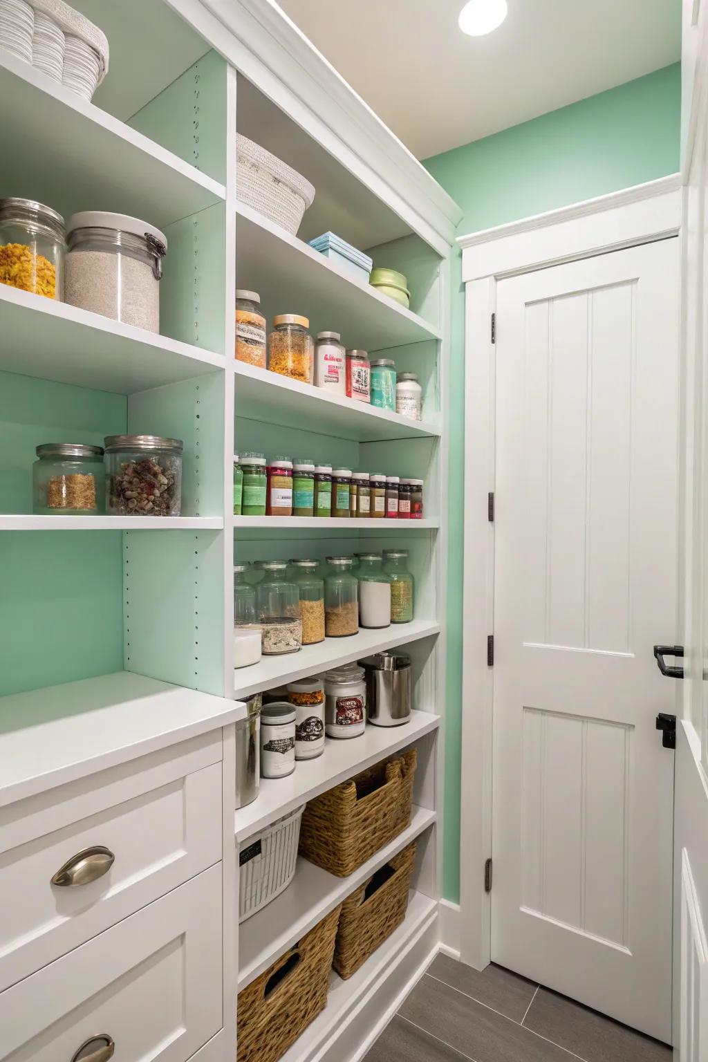 A refreshing mint green pantry that feels fresh and airy.