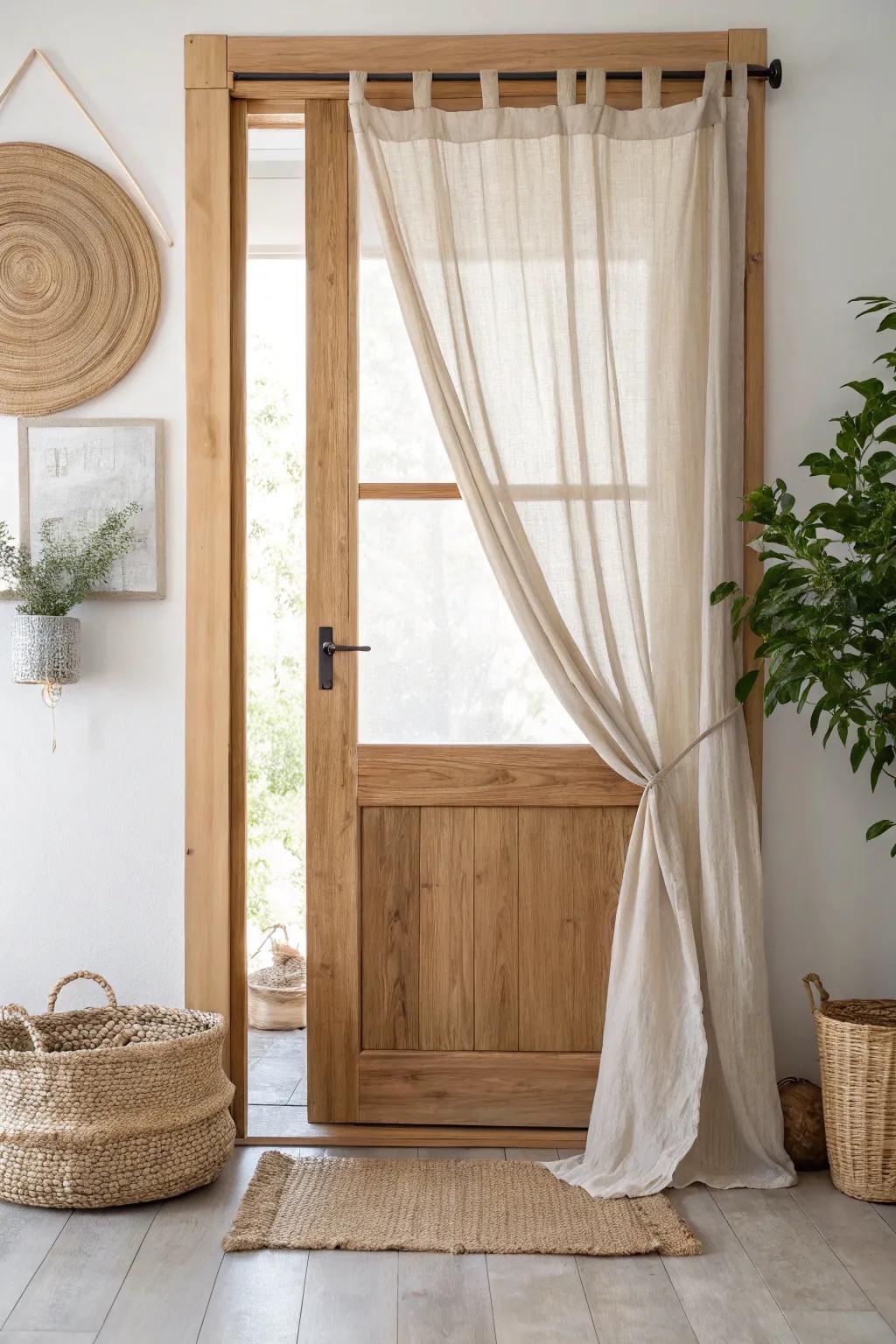 Embrace elegance and privacy with a minimalist pantry screen door featuring a versatile linen curtain.