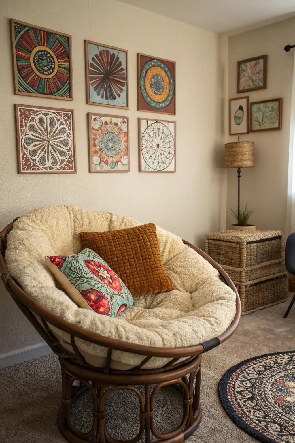 Wall art enhances the style of a papasan chair nook.