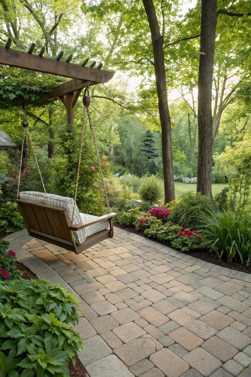 A relaxing swing on a paver patio, inviting you to enjoy leisurely moments.