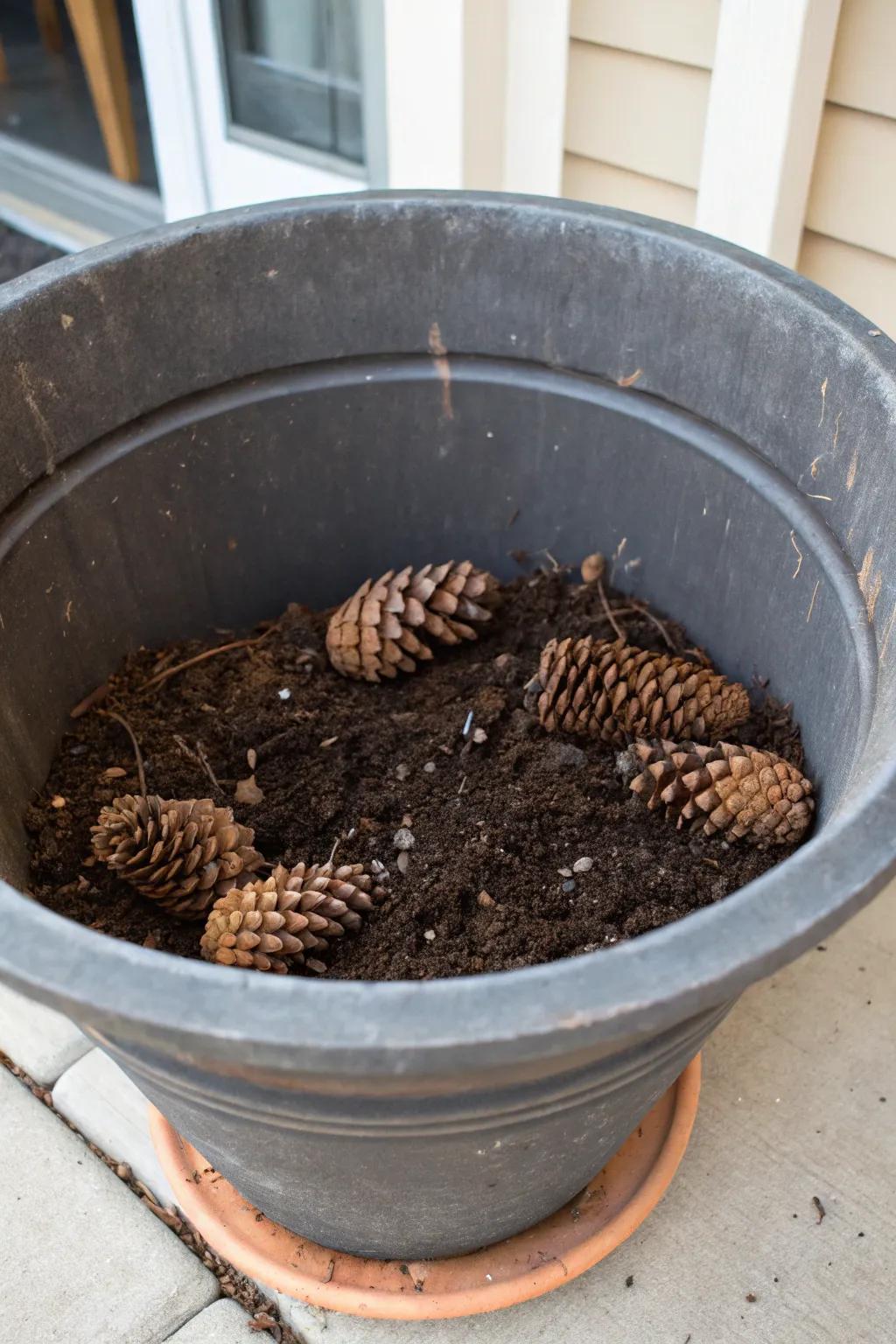 Pinecones enhance drainage and improve texture in planters.