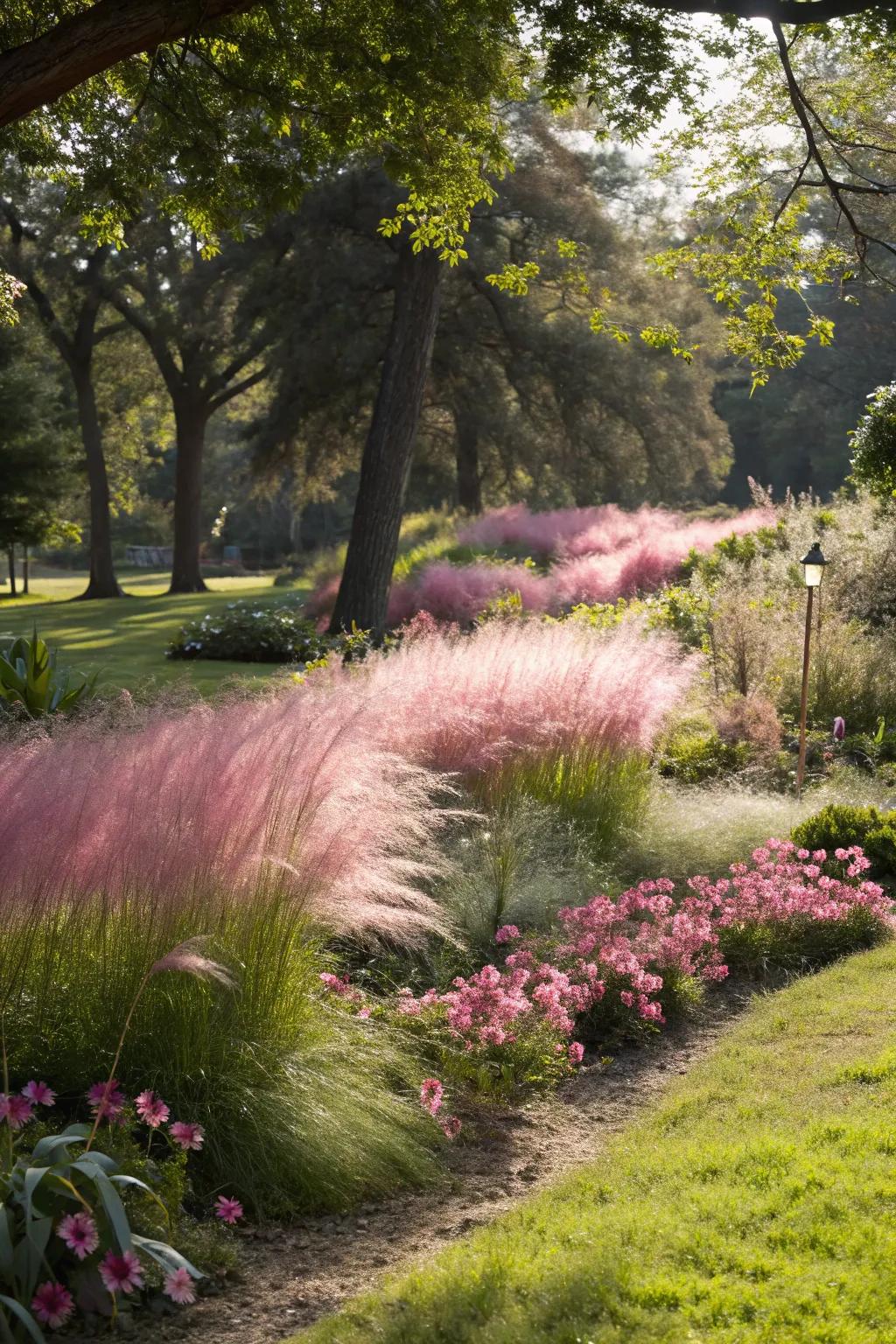 Bring light to shady areas with pink muhly grass.