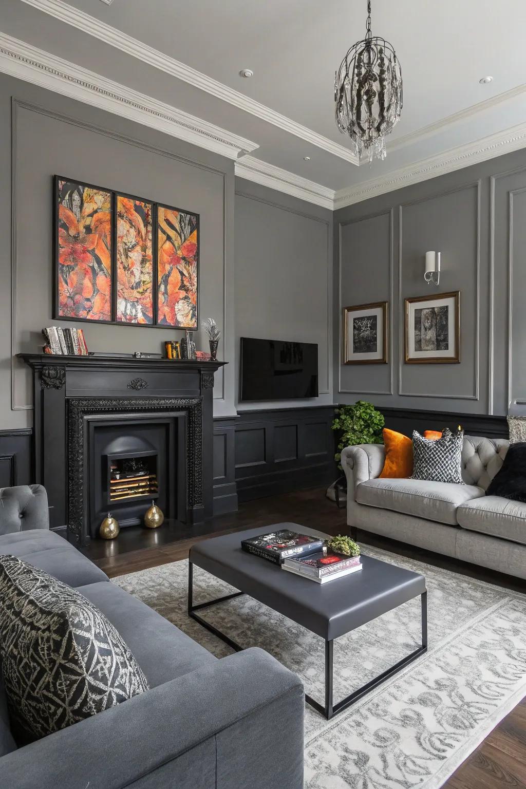 Bold black accents create dramatic contrast.