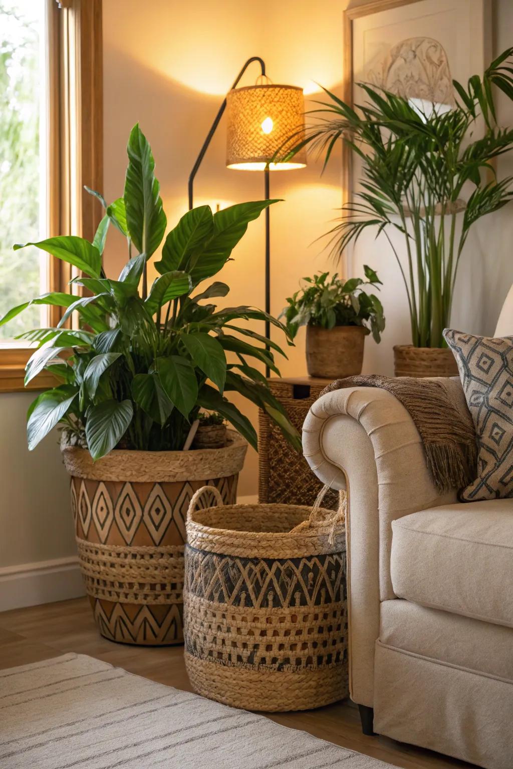 Enhance your abode’s allure with plants in baskets.