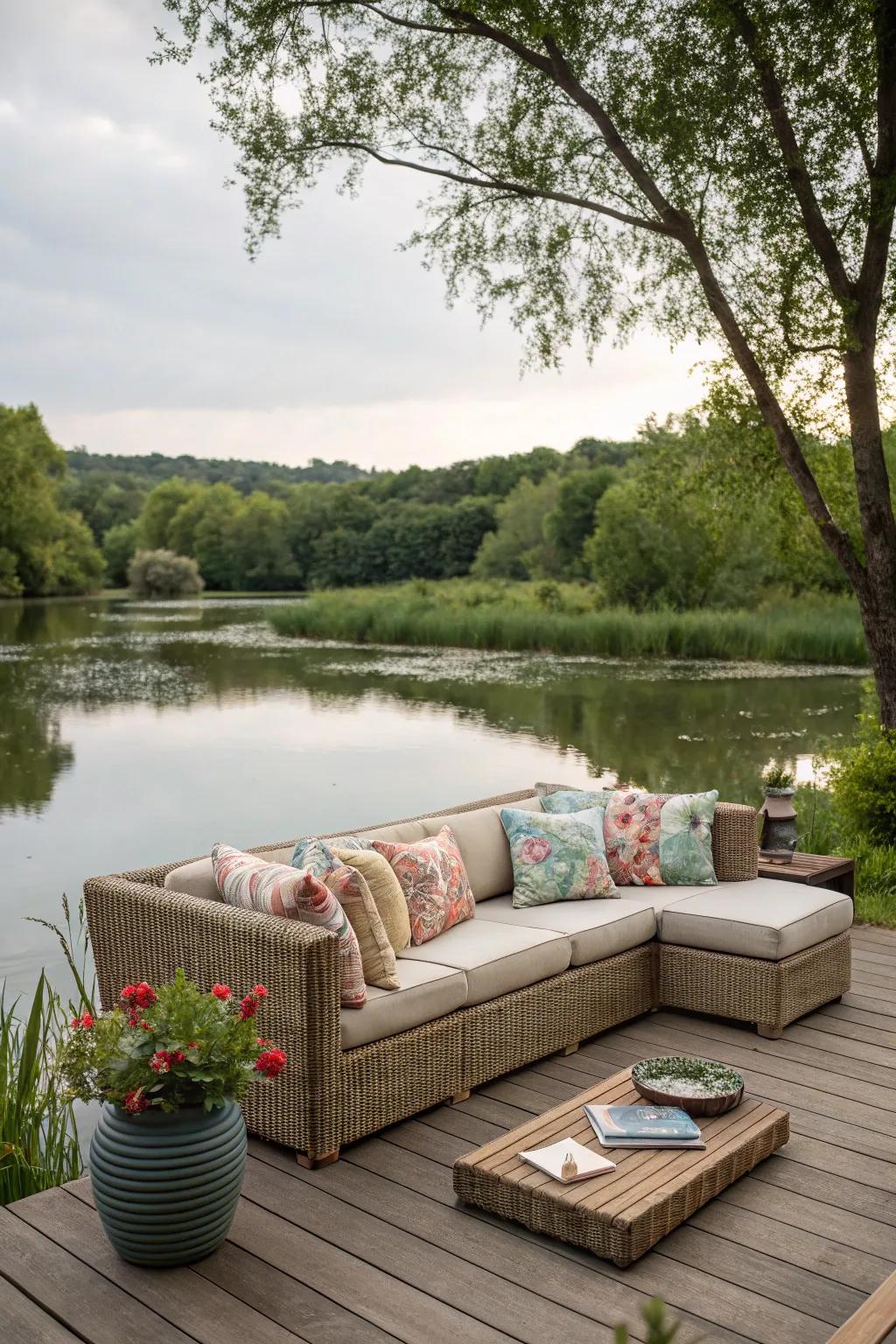 Outdoor sofas provide plush comfort for enjoying the pond view.