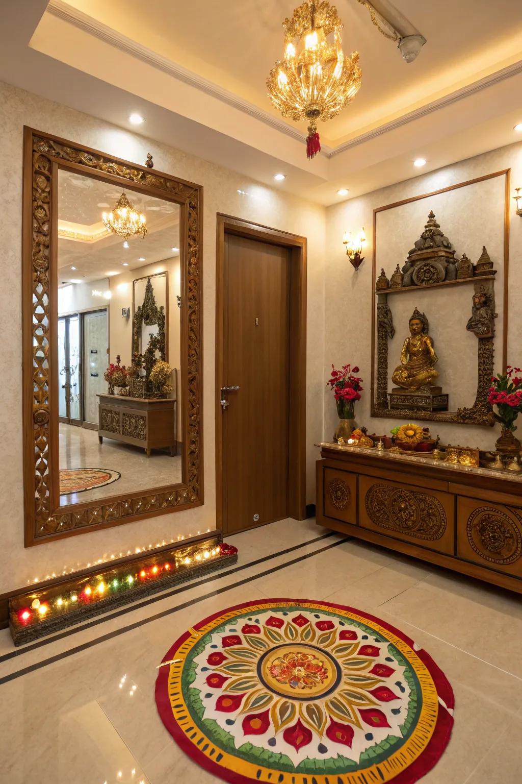 Mirror accents for visually expanding your pooja room.