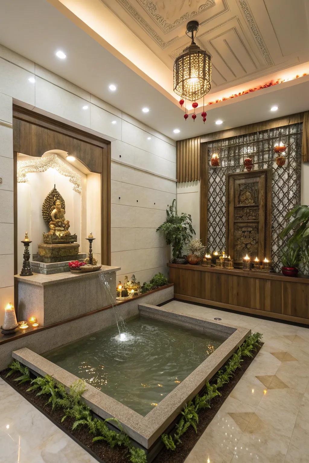 A small water design adds a soothing sound to this pooja room.