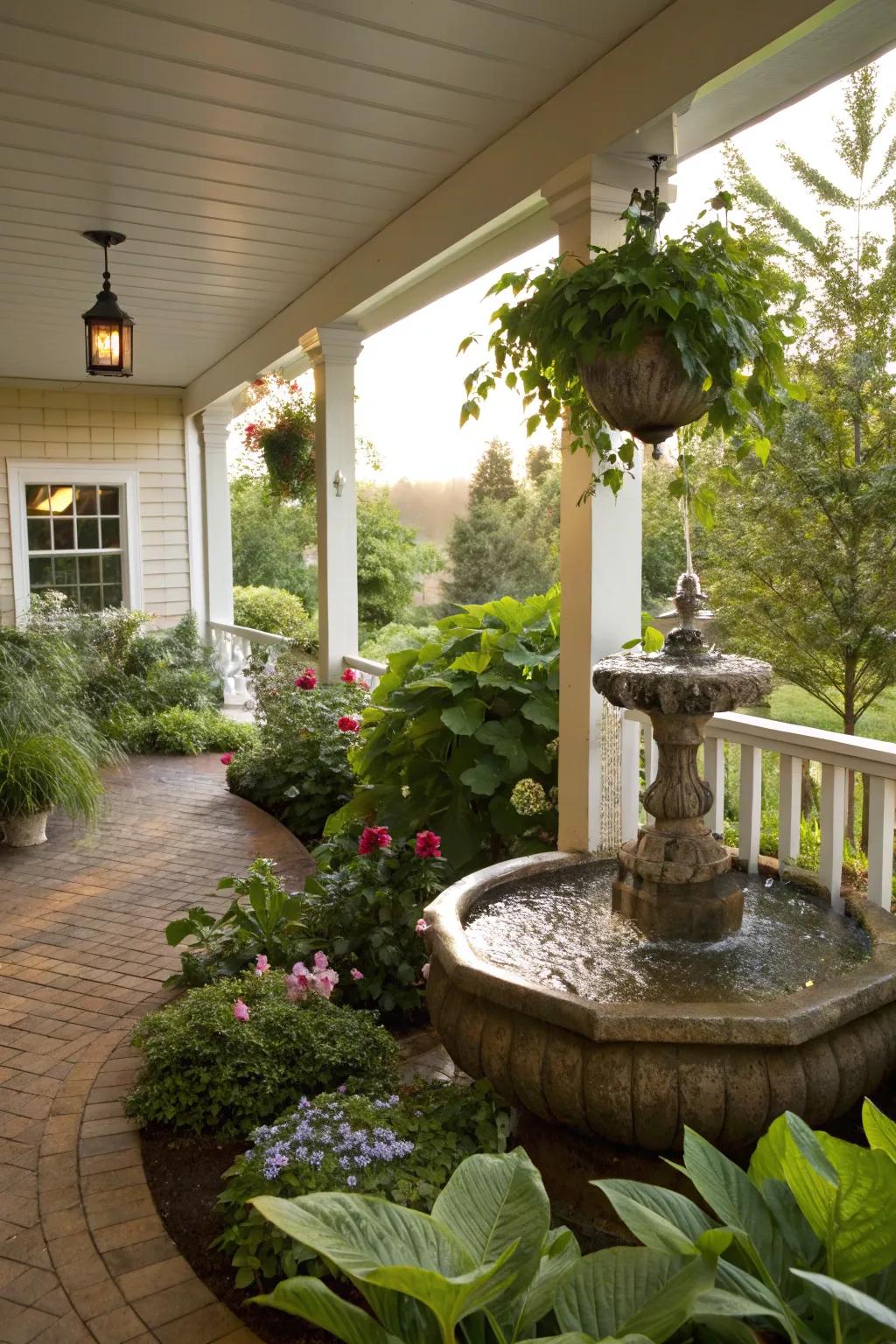 A porch extension with a small water fountain.
