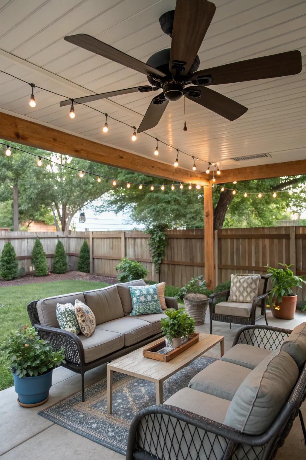 A multi-blade fan allows for customizable airflow on this adaptable porch.