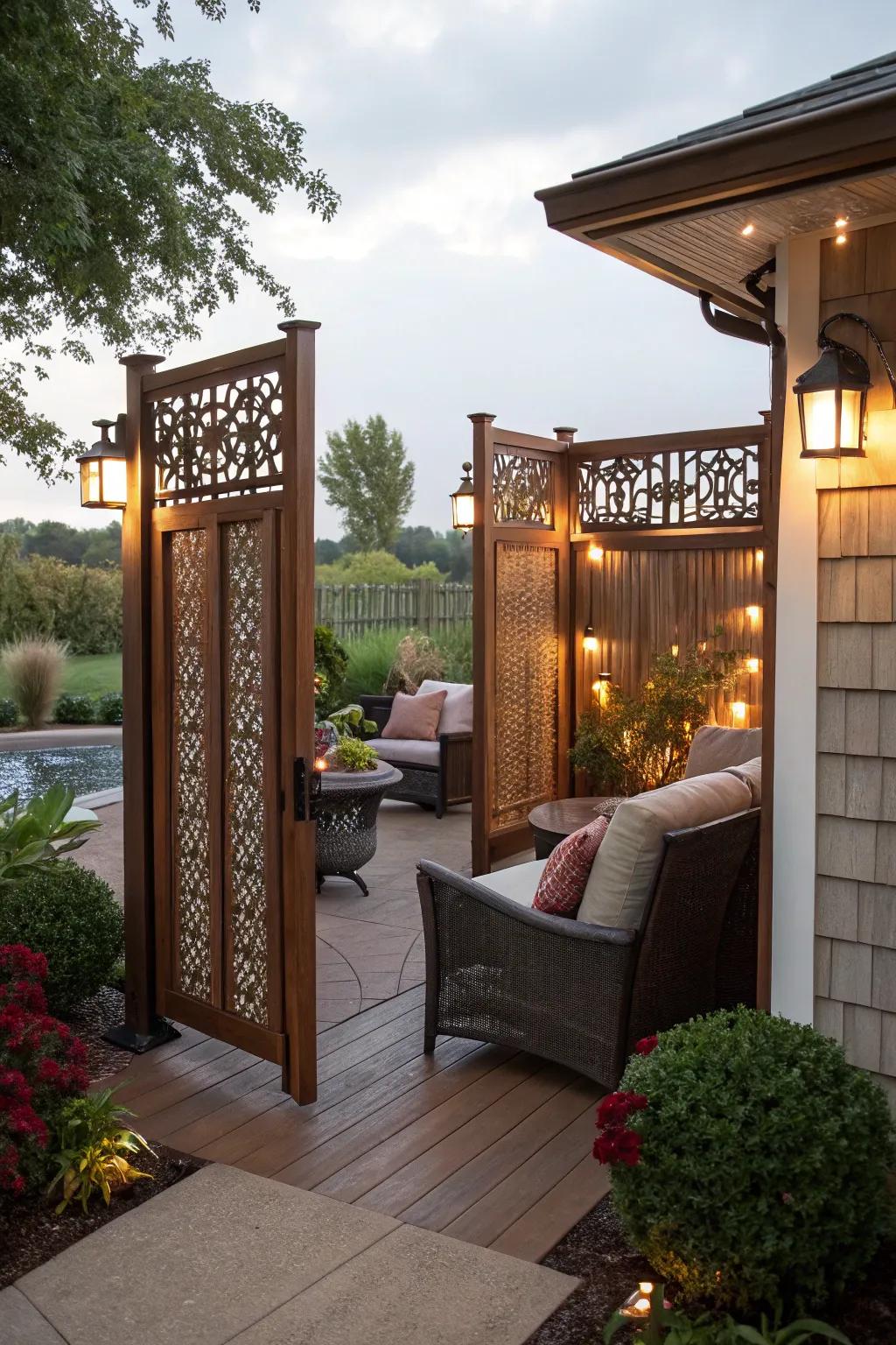 Privacy panels create a secluded, cozy porch retreat.