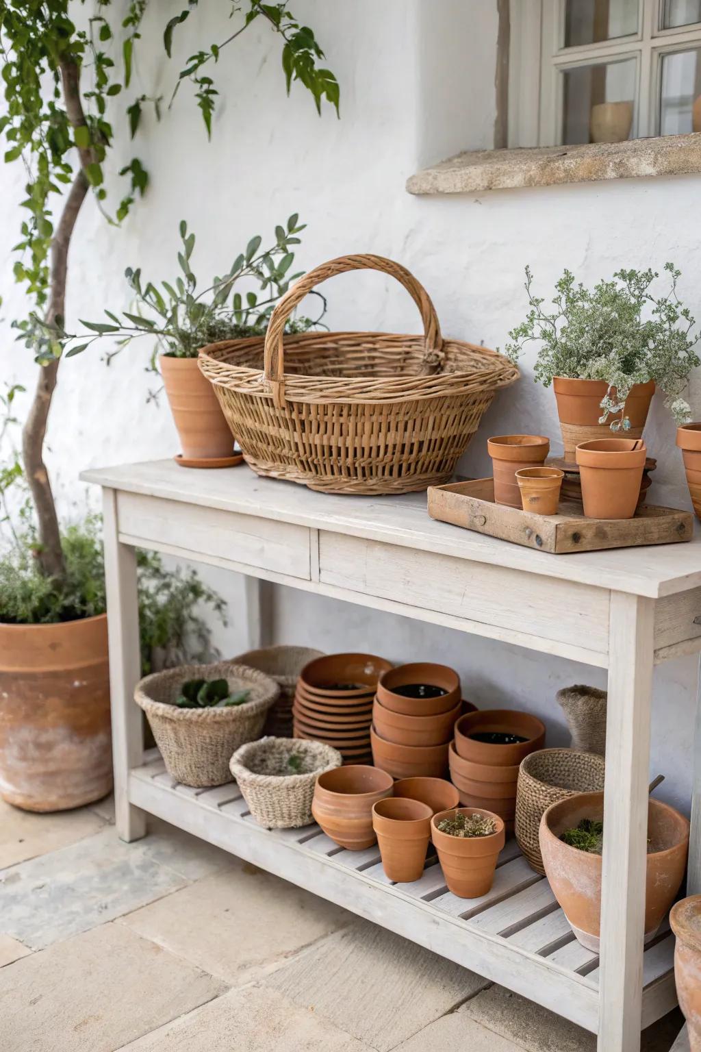 Embrace simplicity and organization with beautifully arranged baskets for pot storage.