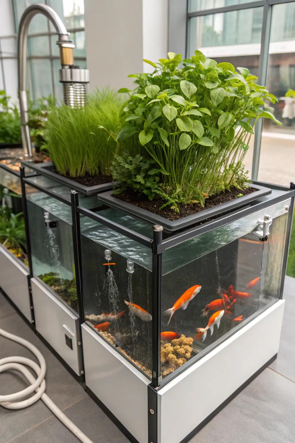 Discover the harmony of nature and technology with this sophisticated aquaponics system.