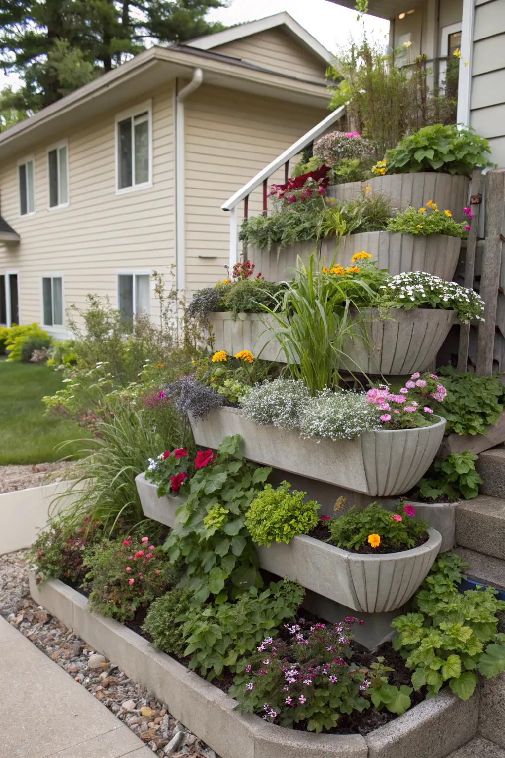 Staggered tier planters contribute height and interest.