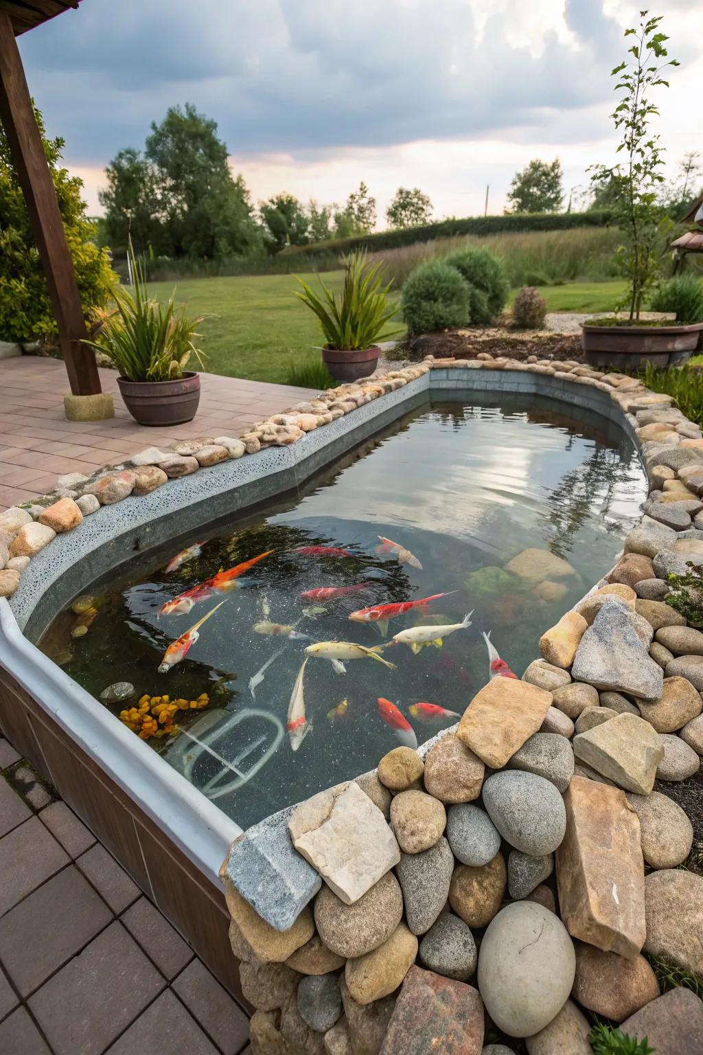 A creative conversion of a thermal tub into a koi pond.