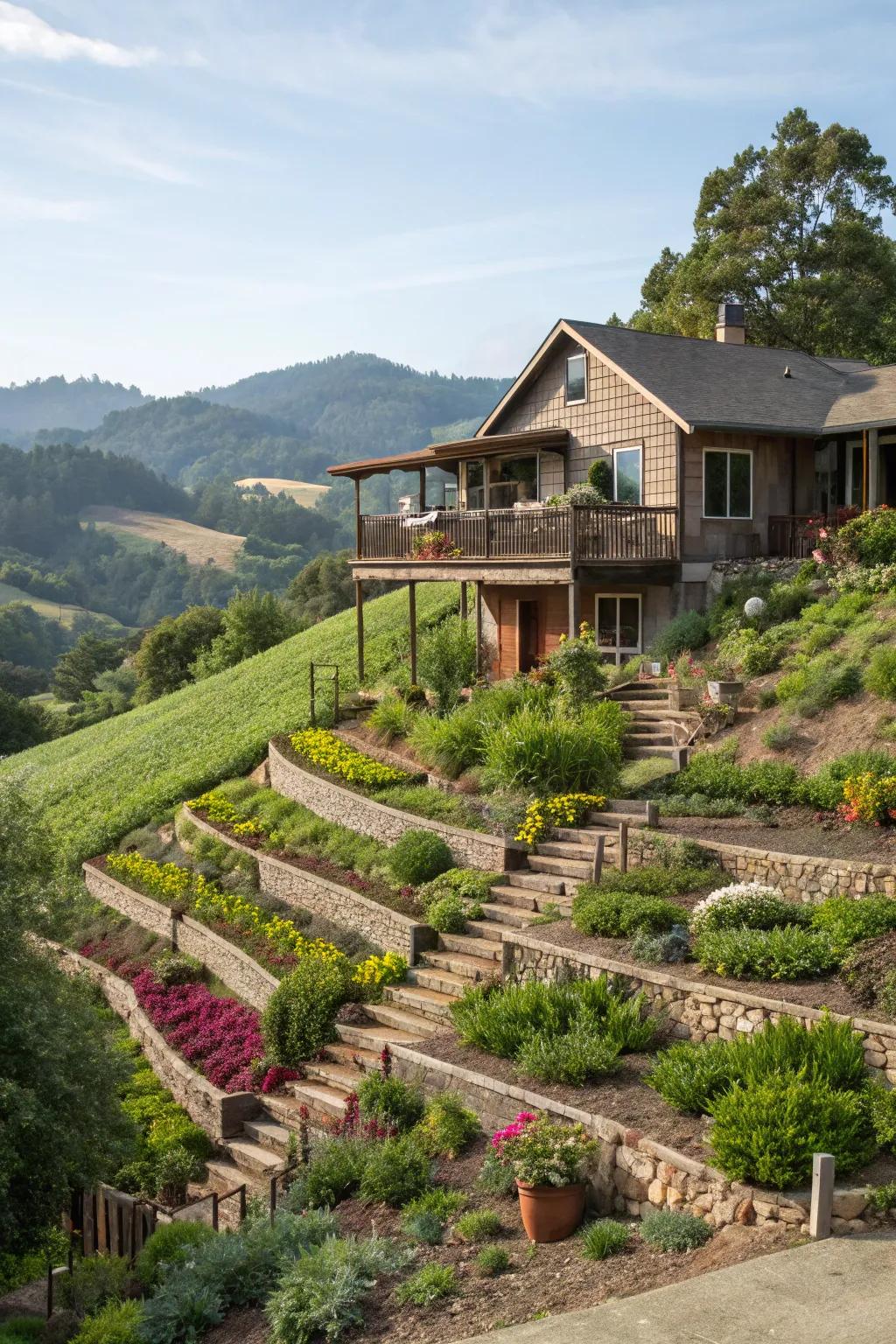 Terraced gardens adding visual interest to a sloped raised ranch landscape.