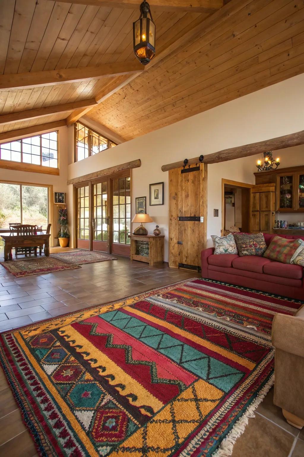Vibrant area rugs define space and add color to this open-plan ranch house.