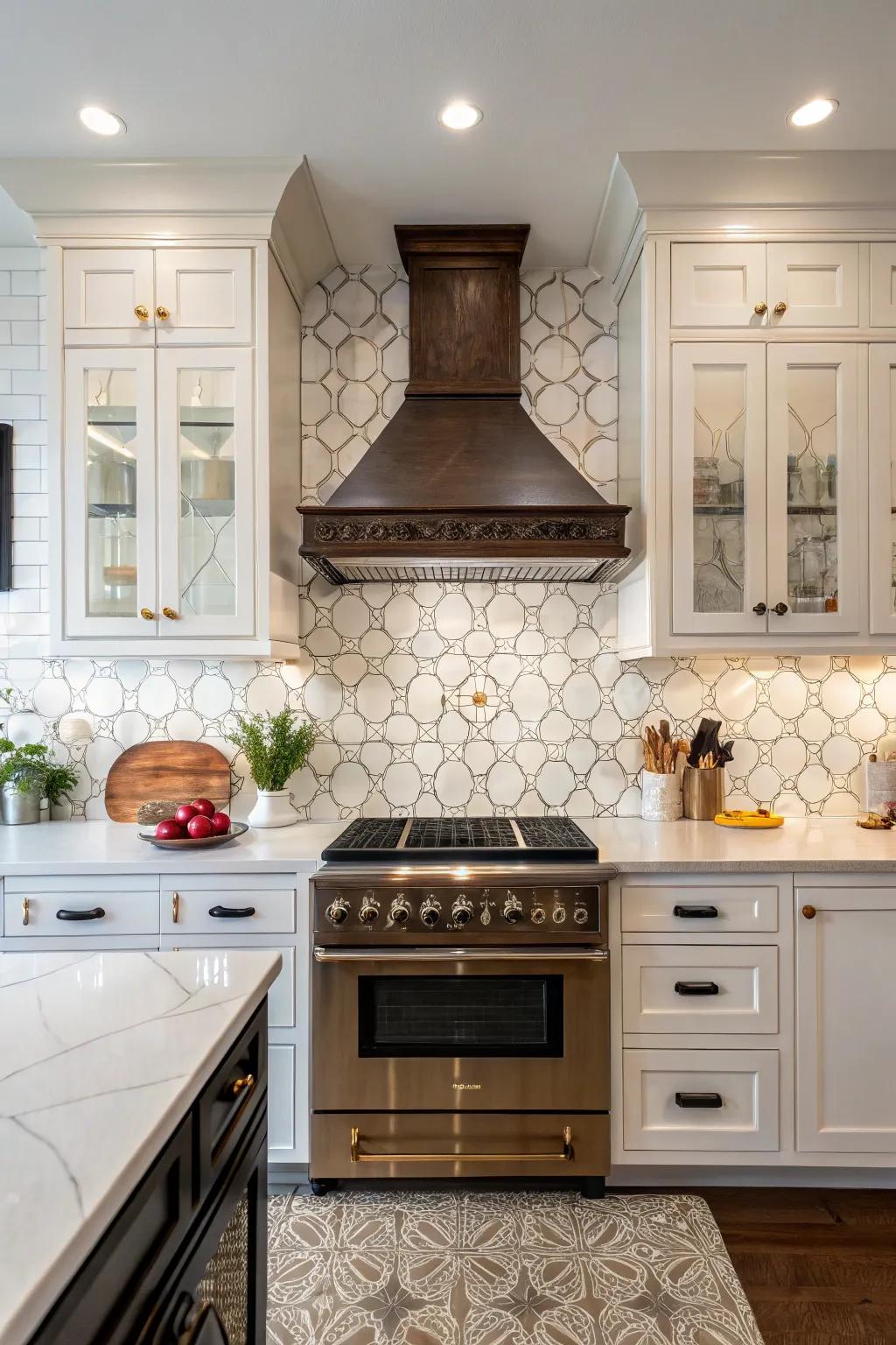 A kitchen showcasing a porcelain tile splash guard paired with a classic vent hood for charm.