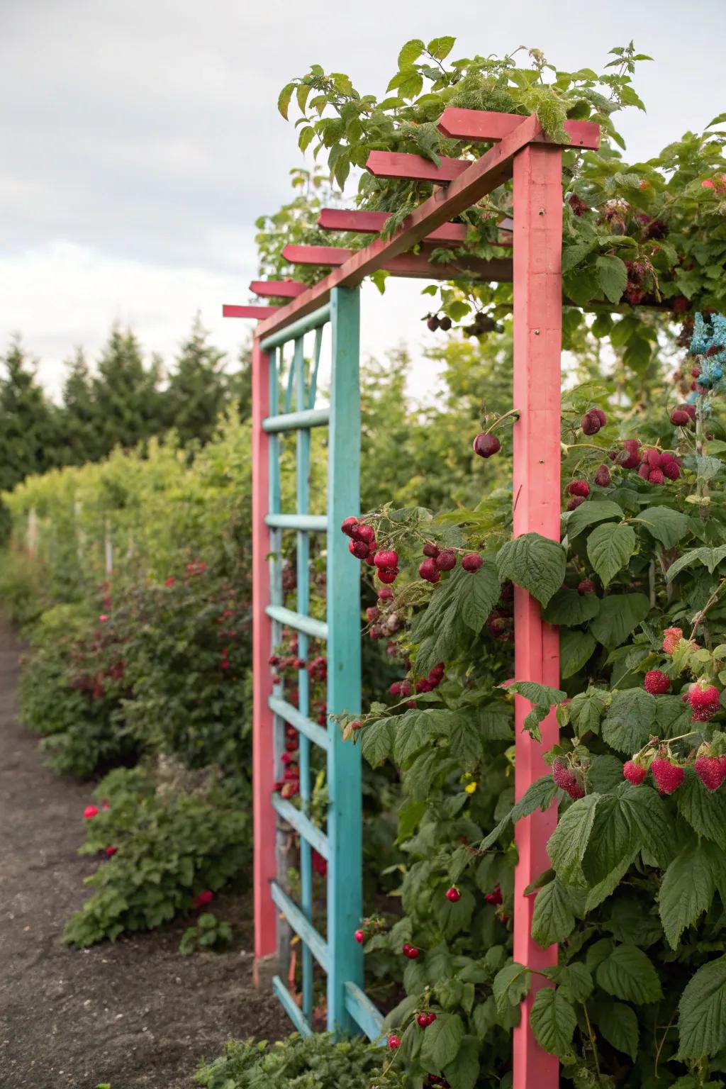 A colorful trellis brings vibrancy and joy to any raspberry garden.