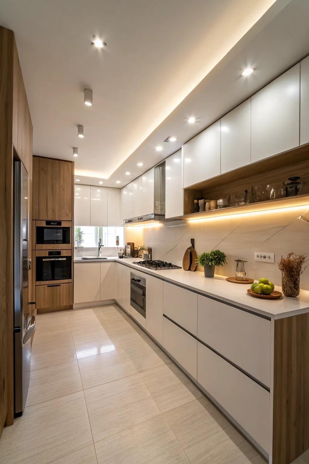 Subtle lighting enhances the kitchen's elegance.