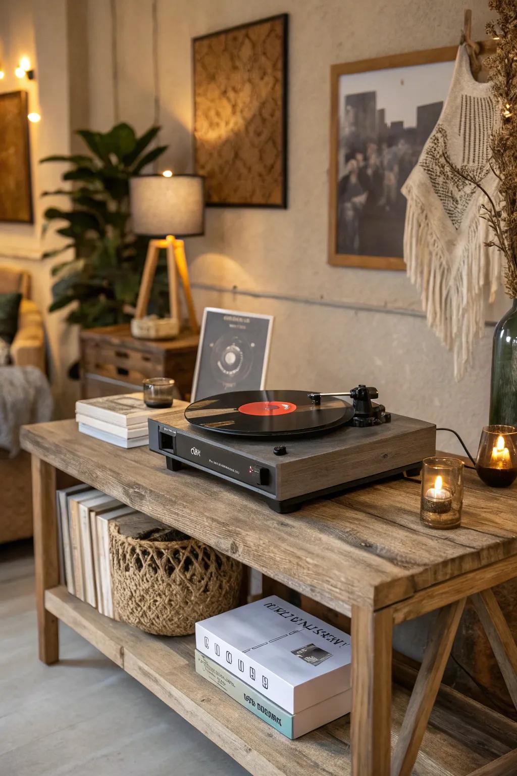 Modern rustic charm in a record player setup.