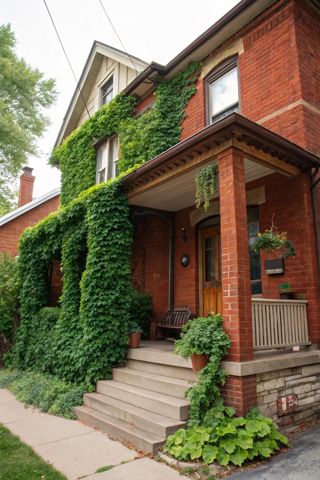 A green wall provides privacy and natural beauty to a red brick porch.