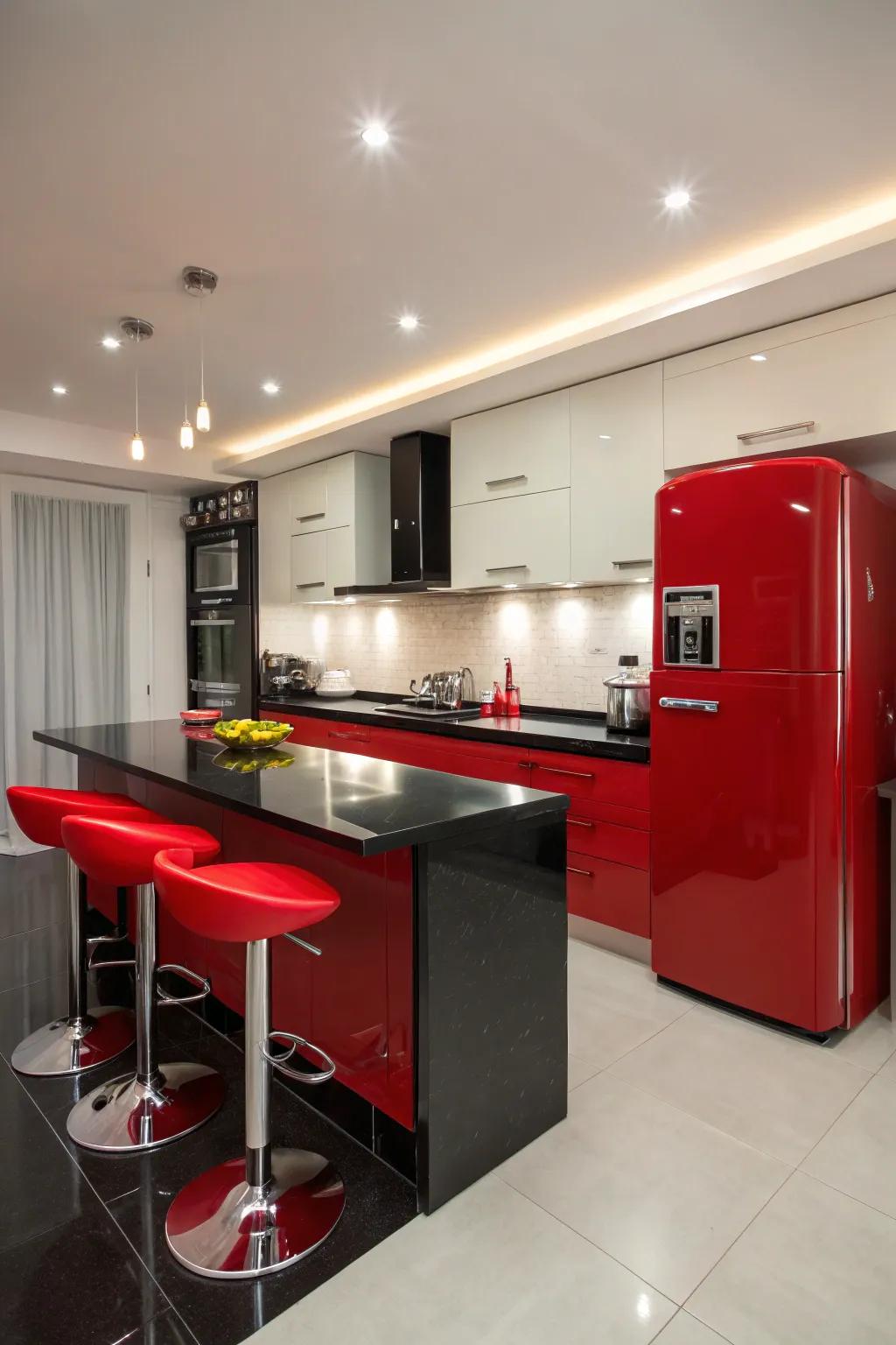 Red and black elements create a dramatic, modern aesthetic in this kitchen.