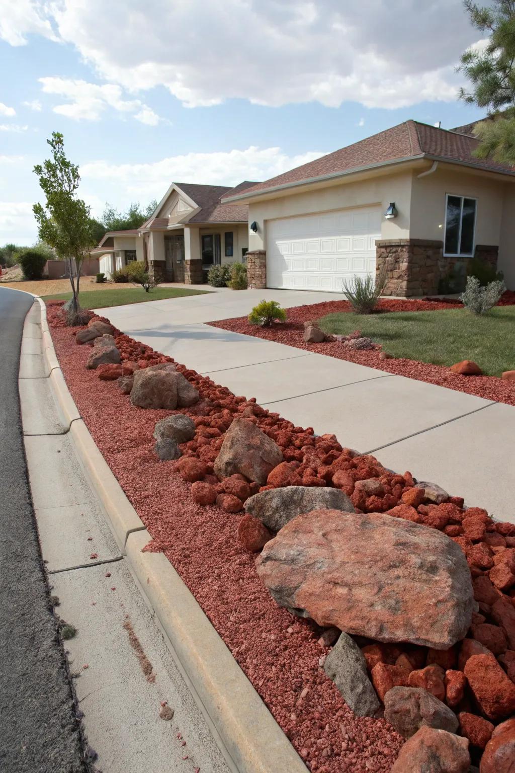 Red lava rocks along the driveway make a bold statement for this home's entrance.