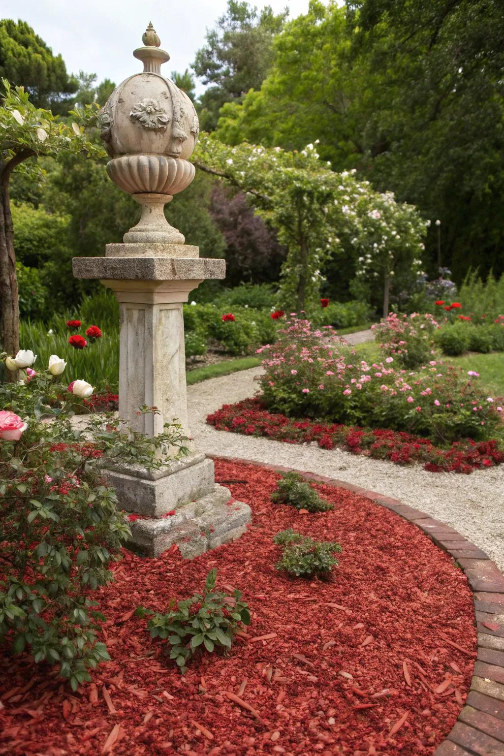 Red mulch highlights garden sculptures, turning them into elegant focal points.