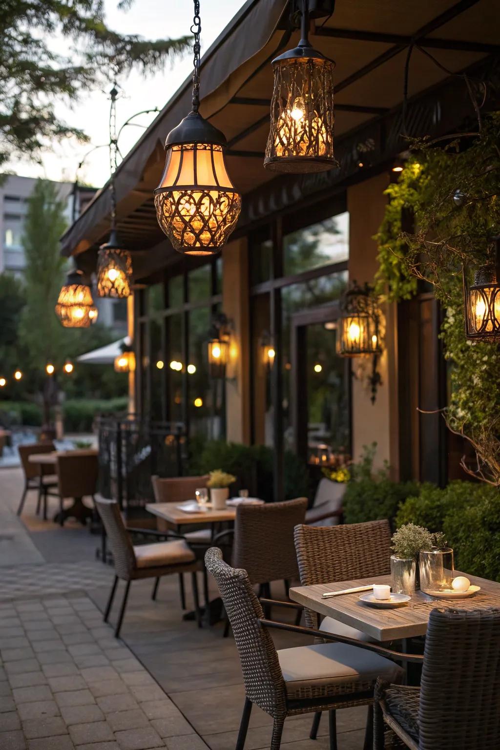 A restaurant patio featuring artisan lighting fixtures for a memorable ambiance.