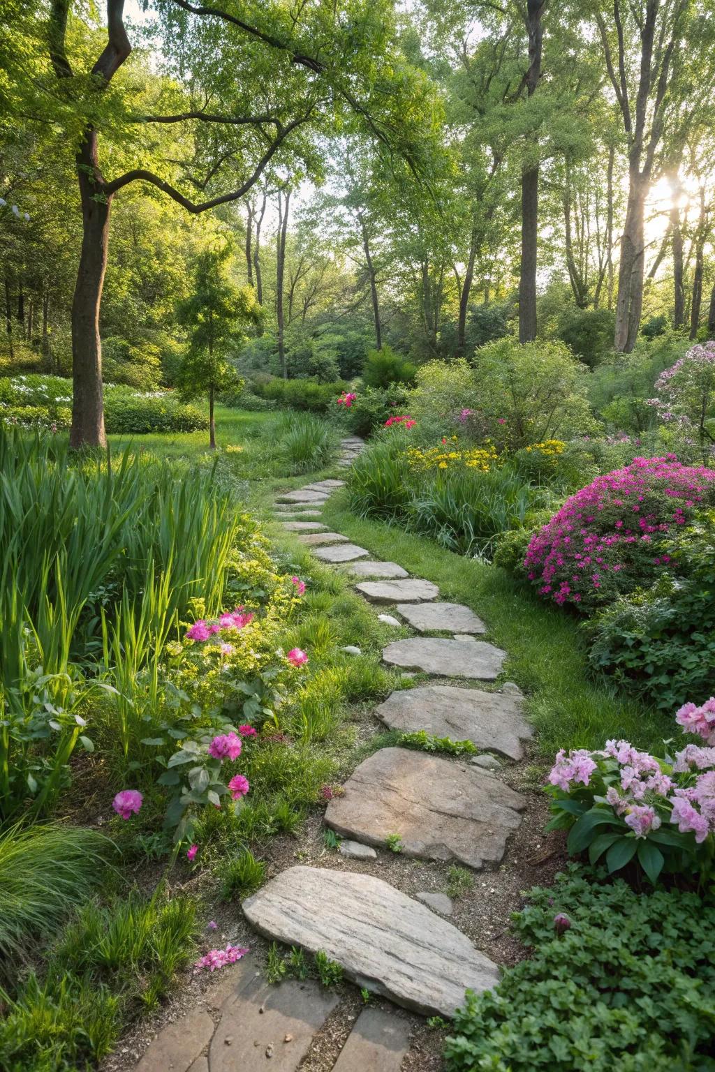 Stream stone footstones craft a charming and functional garden path.