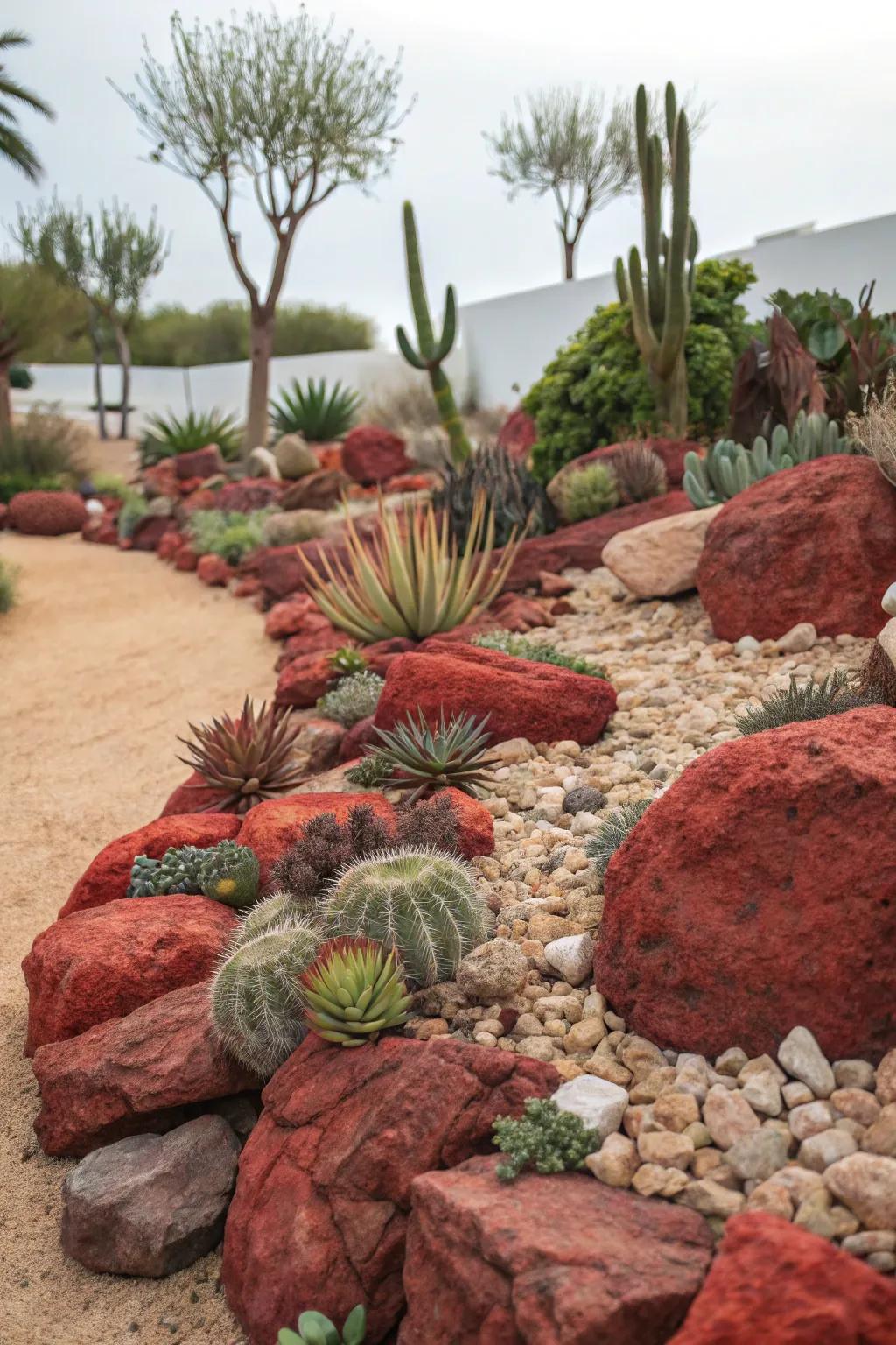 Bring the desert feel with lava rocks and succulents.