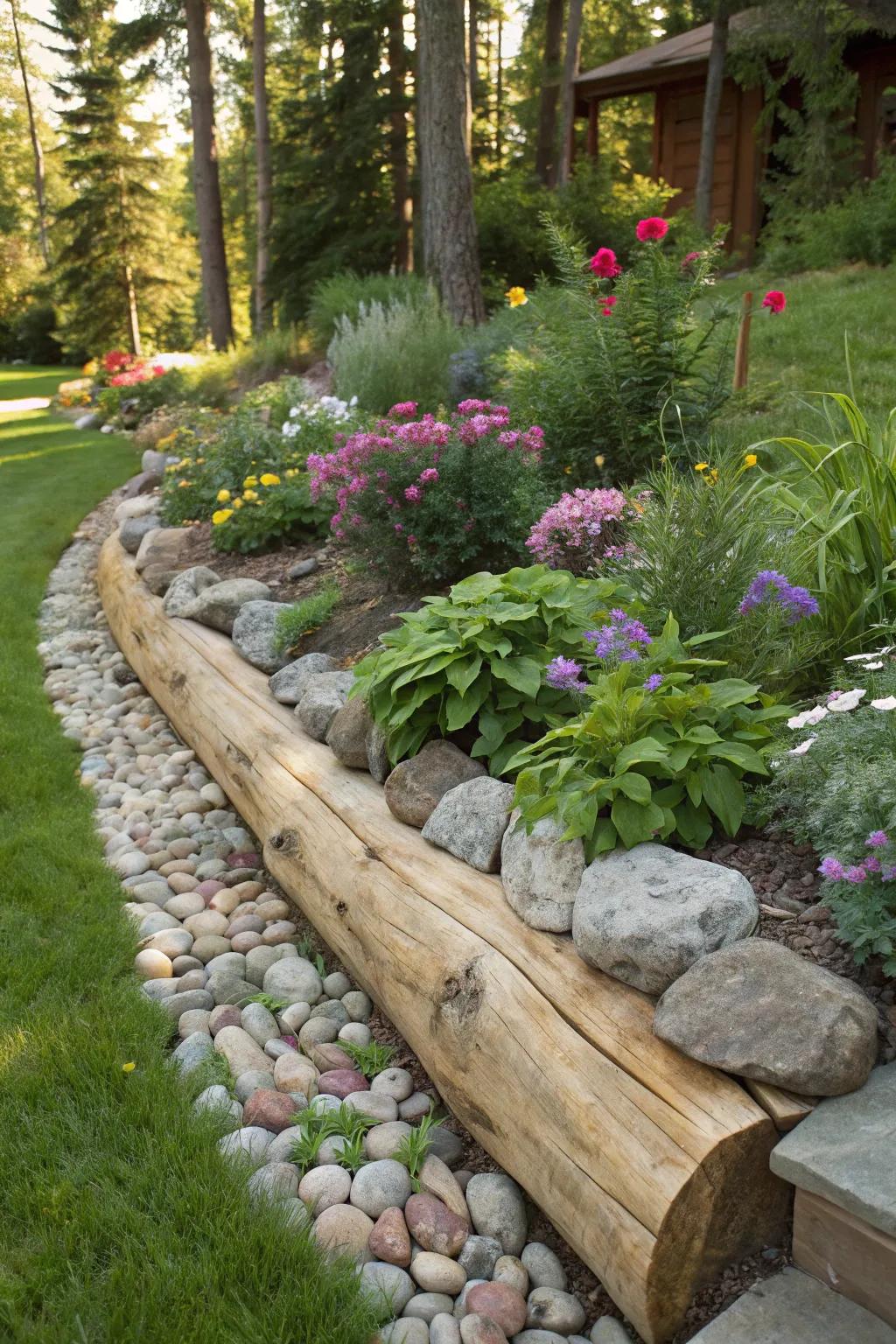 A fusion of wood and stones creating a warm and countryside garden border.