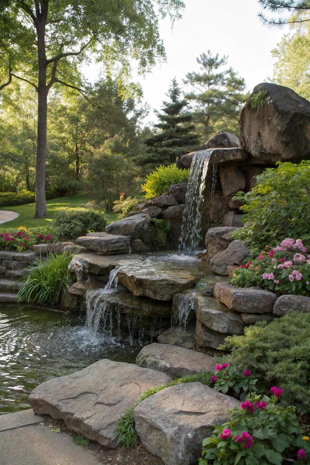 A cascading stone fountain adding tranquility to a garden space.