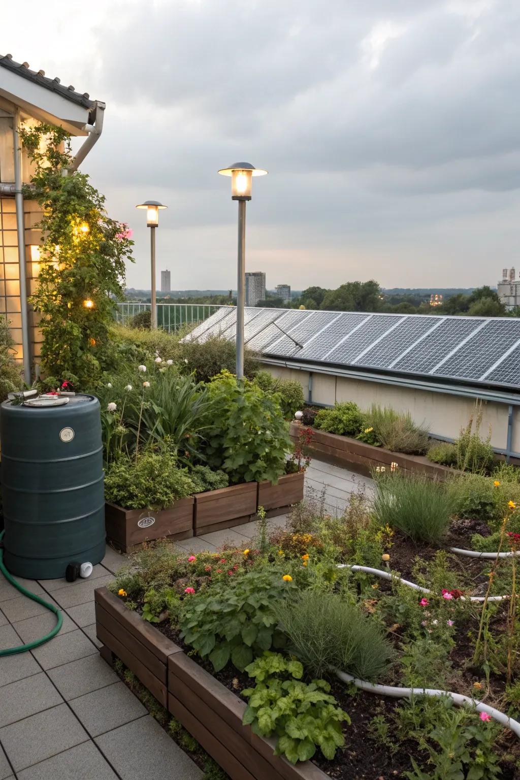 Sustainable elements help create an eco-friendly rooftop garden.