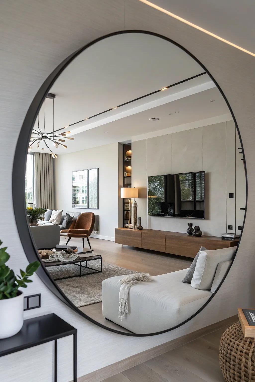 A borderless circular mirror gives a seamless and modern look.