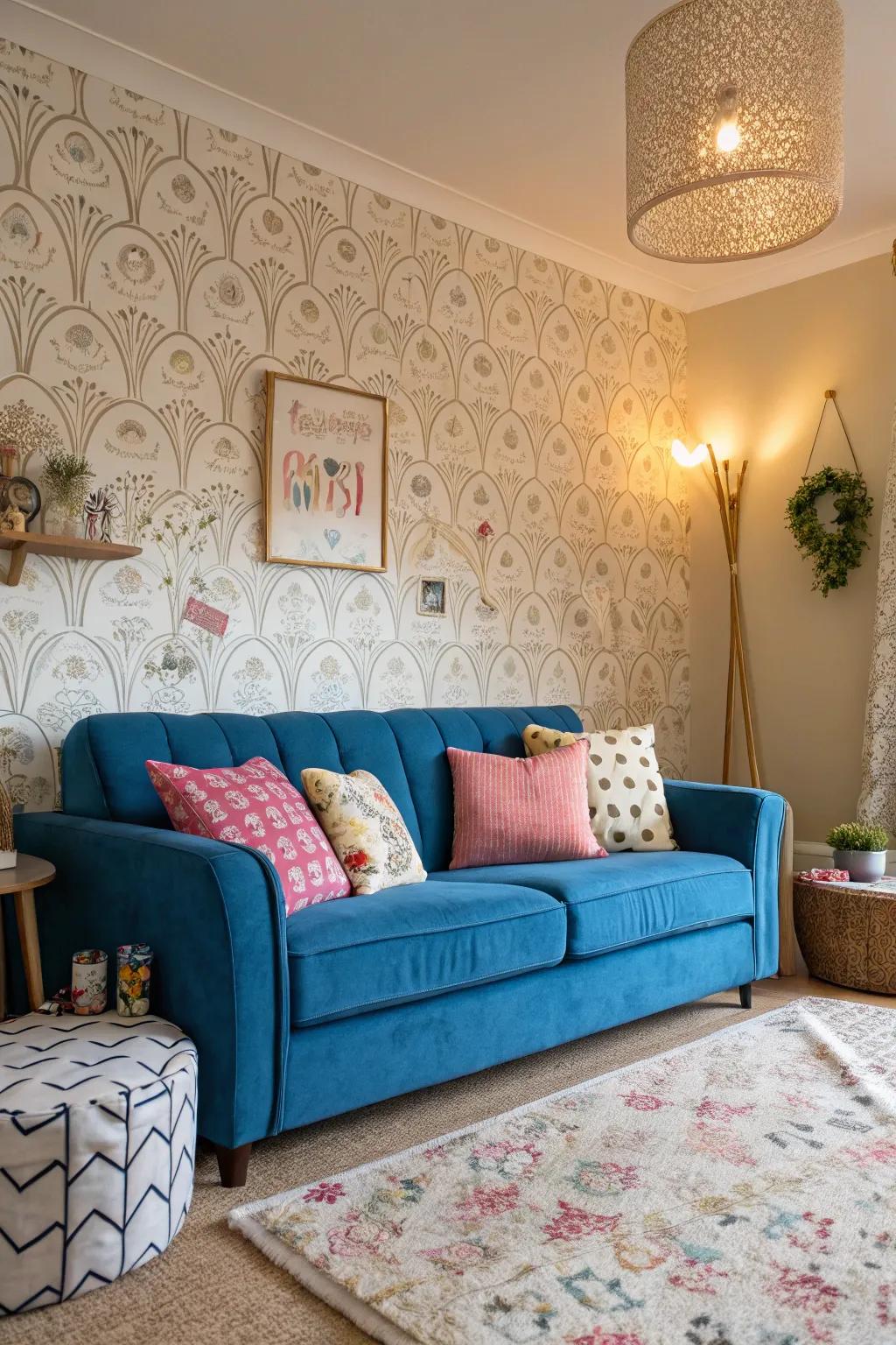 Playful motifs deliver a whimsical contrast to the formal cobalt settee.