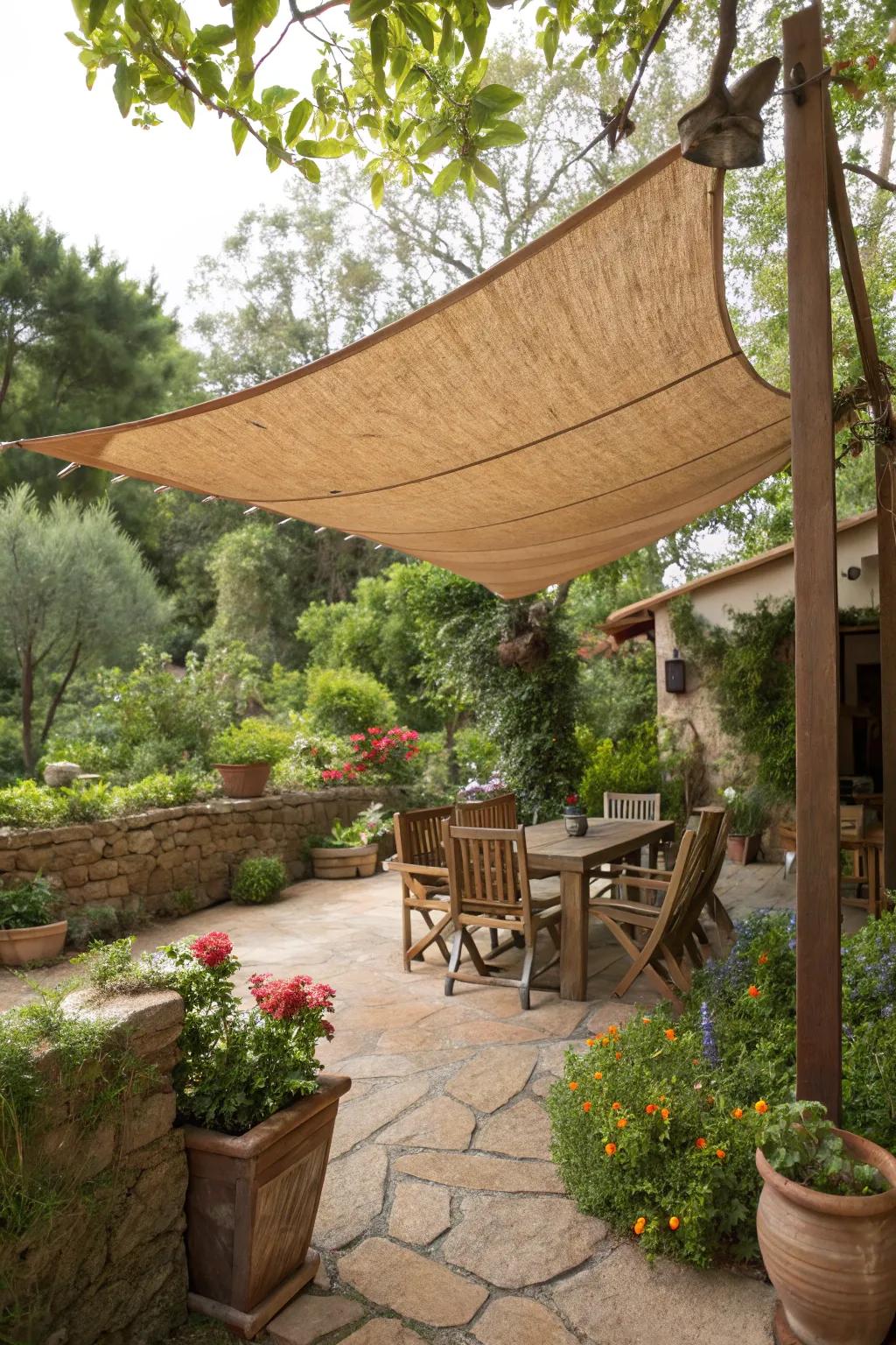 Sail shades offer a cozy, rustic touch.