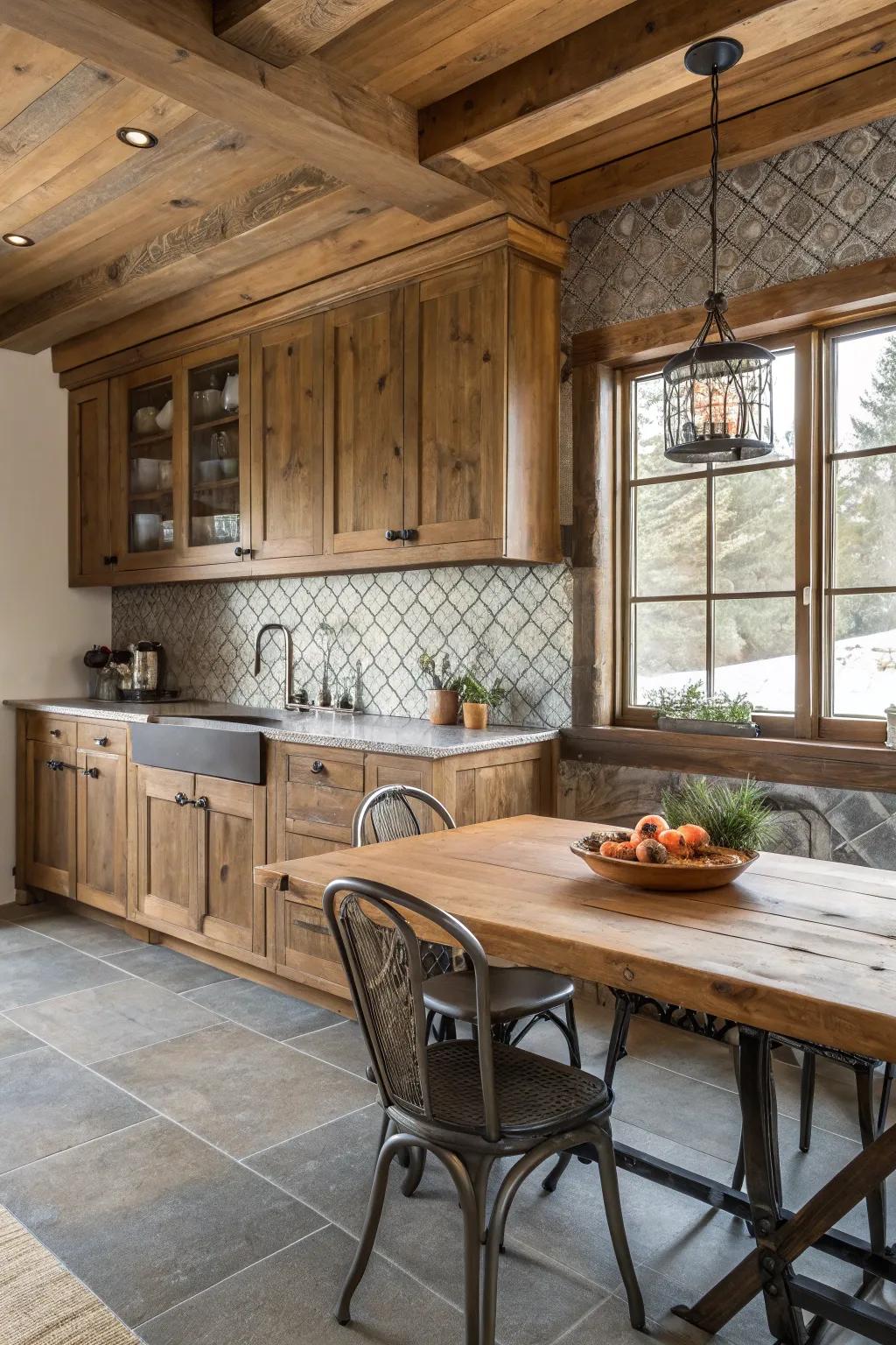 Wood and metal fashion a unique texture and depth in the backsplash.