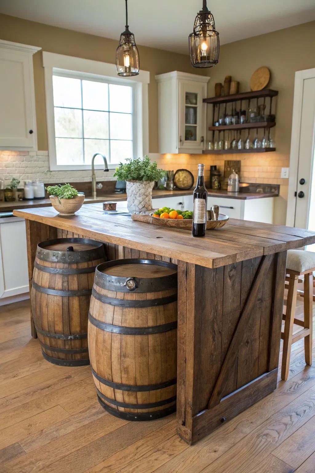 A playful farmhouse-style cooking space hub constructed using repurposed wine casks.