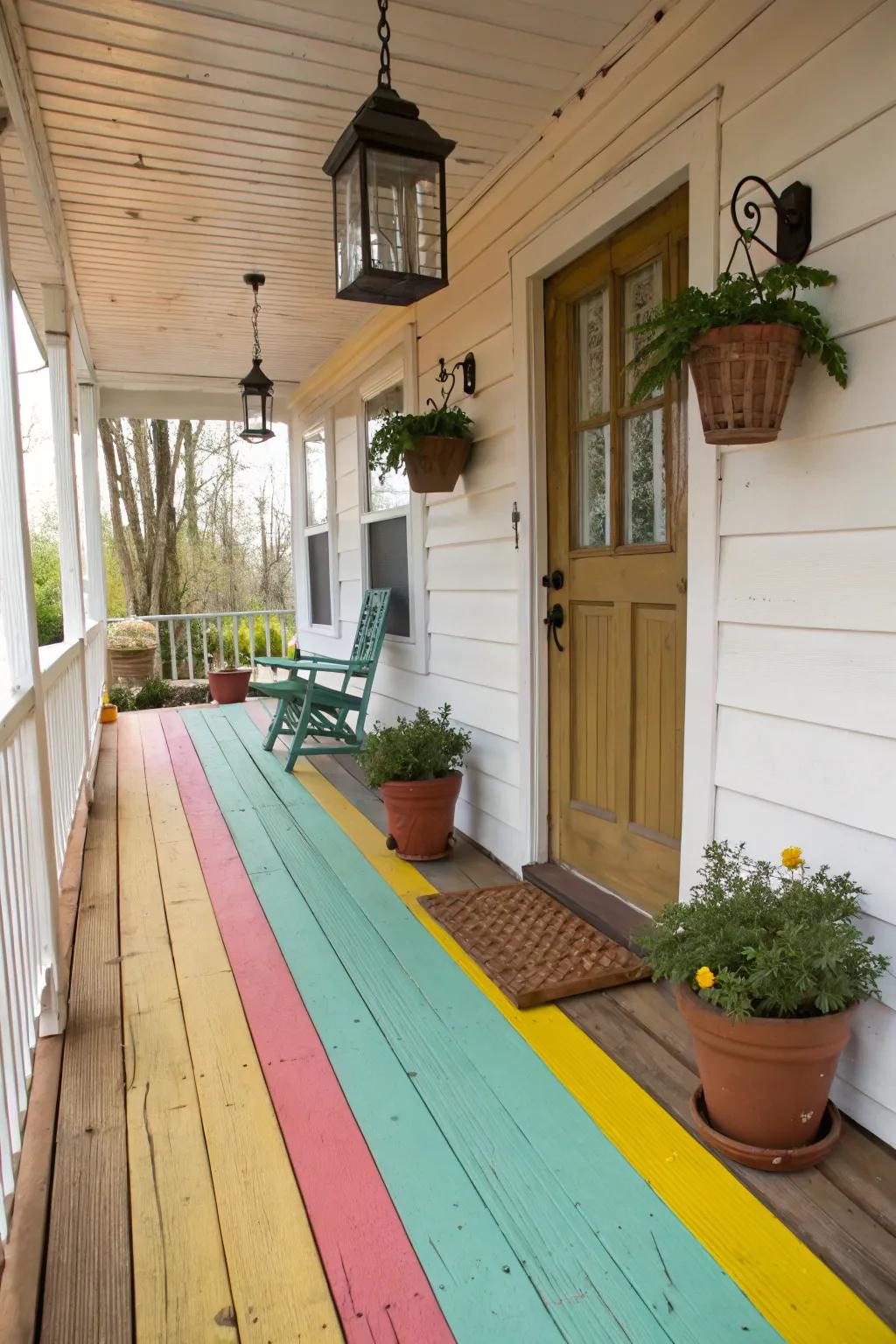 A pop of bright paint adds cheerful color to a rustic porch.