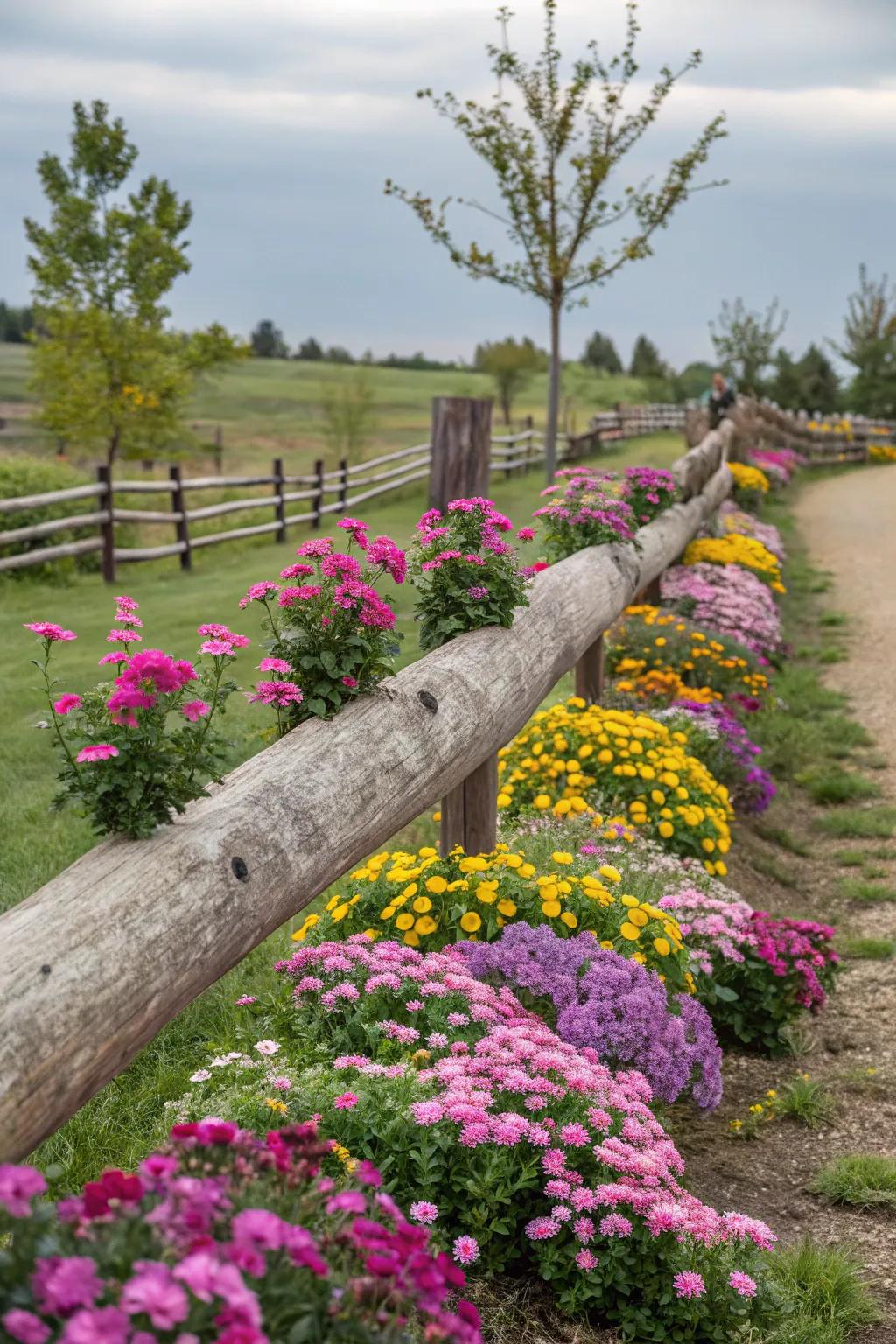 A floating log fence introduces a whimsical touch to a colorful garden landscape.