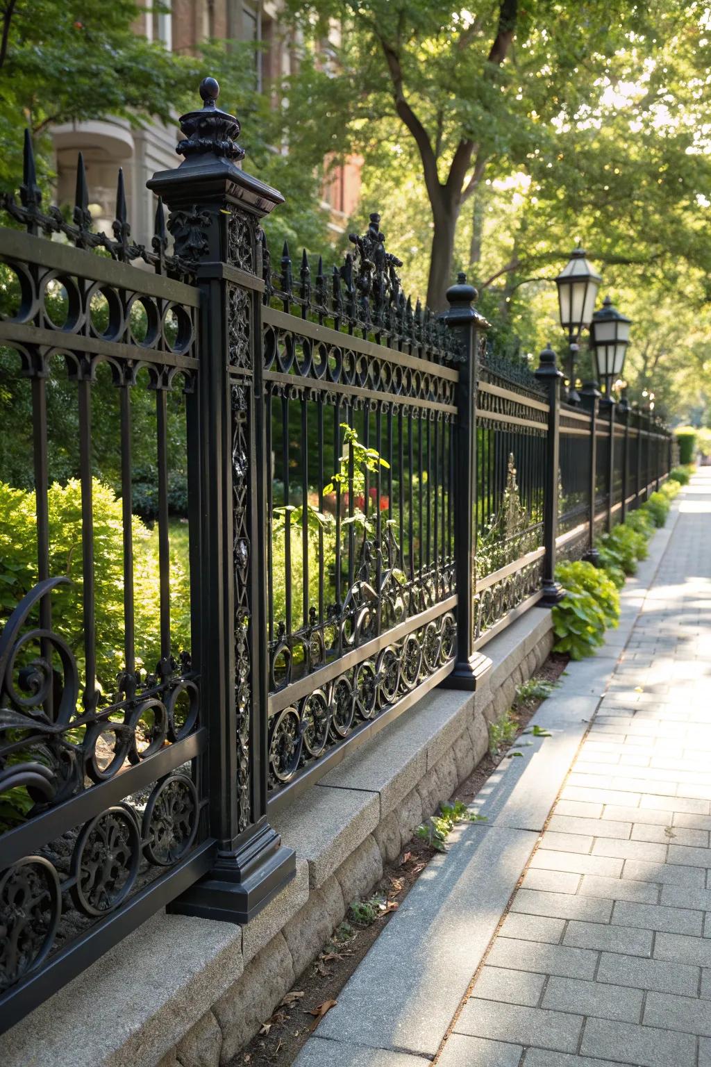 Elevate your garden space with the dramatic elegance of a bold black metal fence.