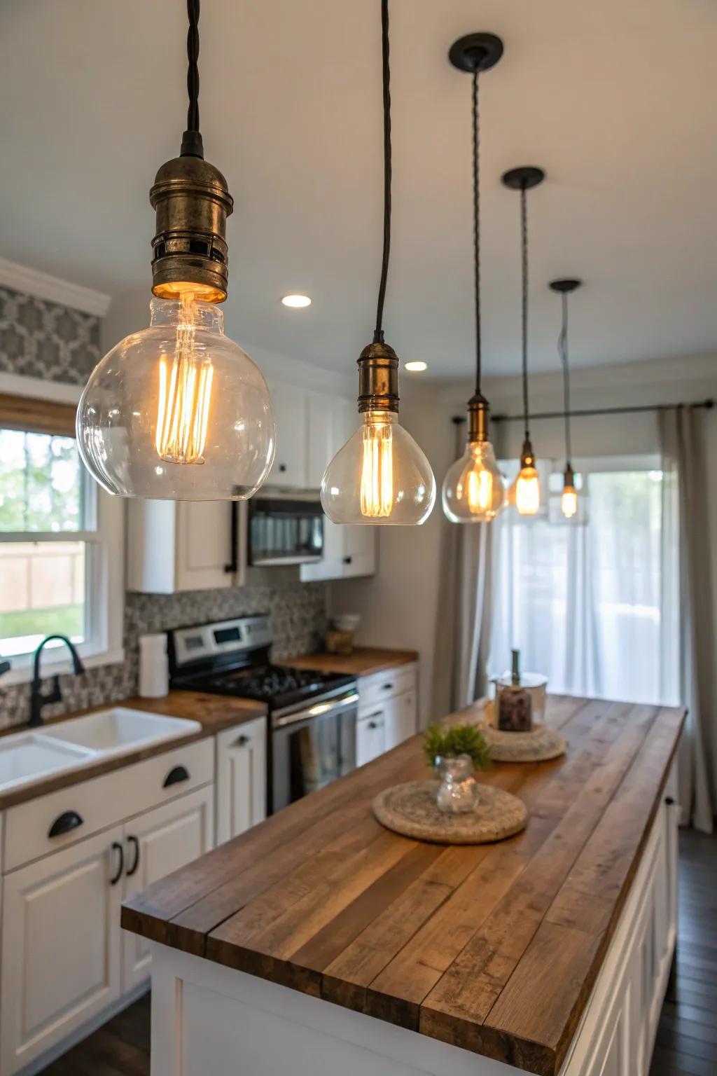 Edison bulbs provide a warm, vintage glow to this kitchen.